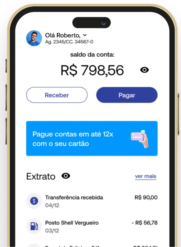 Aplicativo Brasil Cash mostrando saldo da conta e extrato.