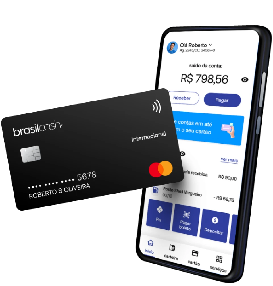 Celular com a tela da nossa carteira digital e cartão Brasil Cash.