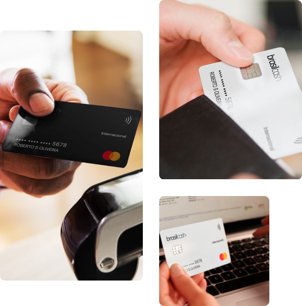 Mosaico com três imagens de pessoas fazendo compras com cartão Brasil Cash